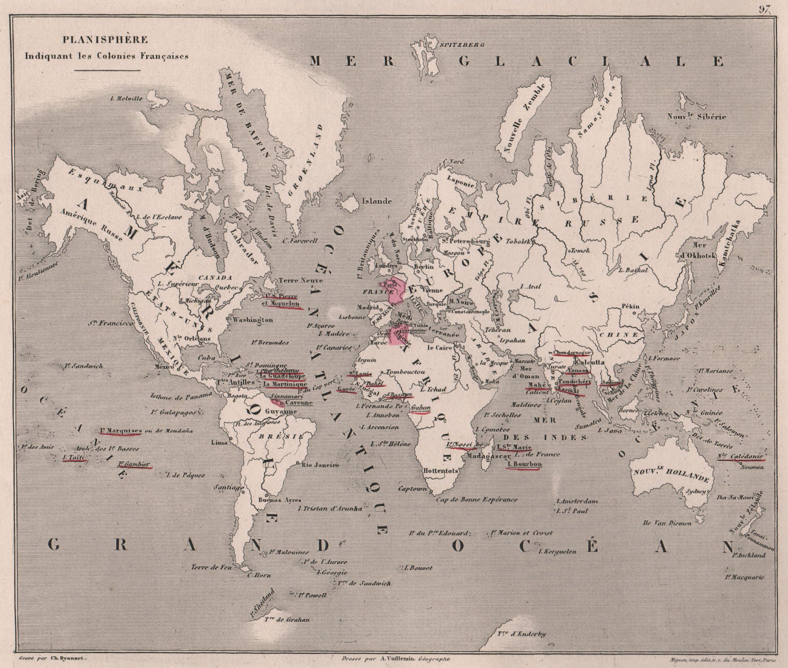 Planisphère indiquant les Colonies Françaises'. French. VUILLEMIN 1879 old map